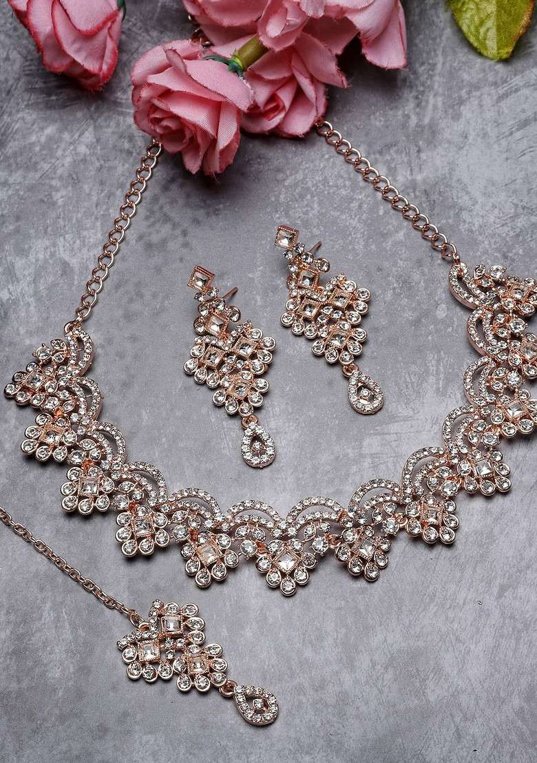 Rose Gold Stone Studded Gold Plated Necklace Set - Indya