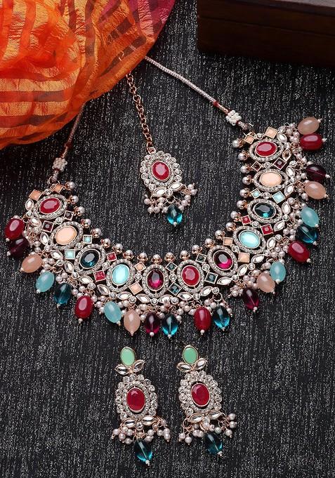 Gold Beaded Gold Plated Necklace Set