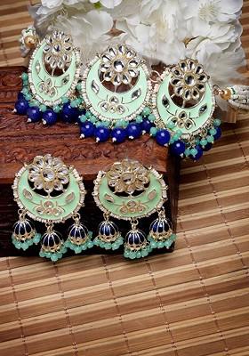 Sea Green Stone Studded Gold Plated Necklace Set