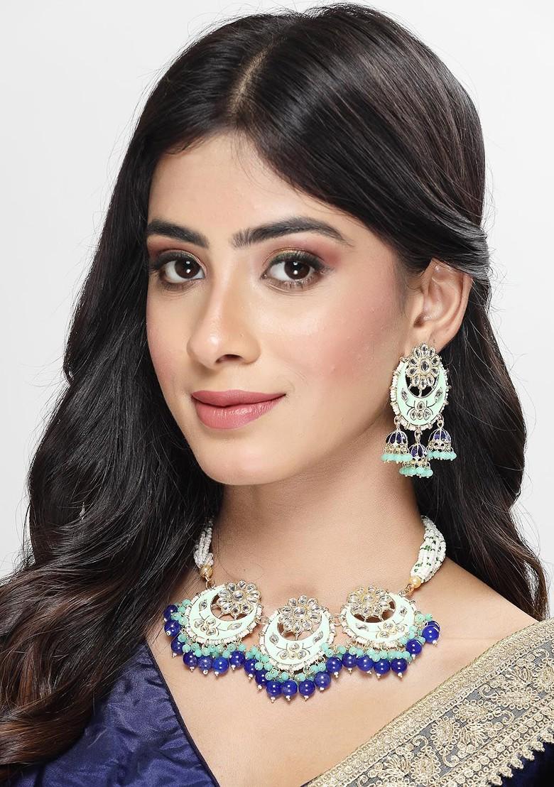 Sea Green Stone Studded Gold Plated Necklace Set