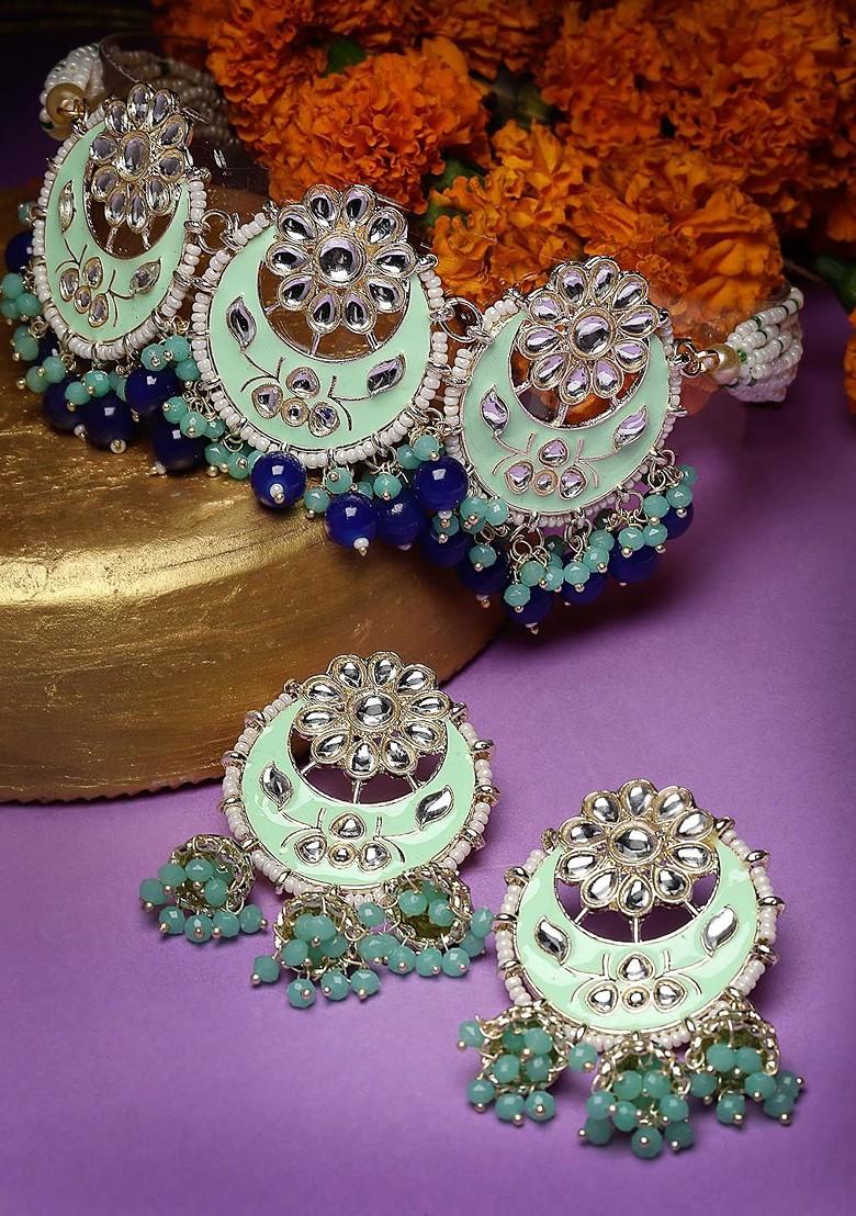 Sea Green Stone Studded Gold Plated Necklace Set