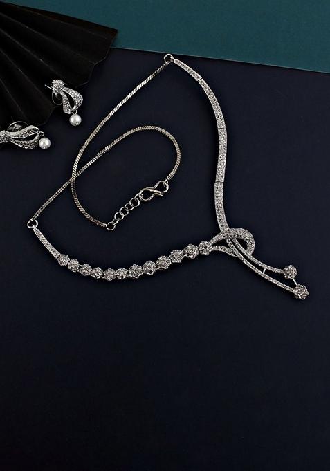 Silver American Diamond Silver Plated Necklace Set