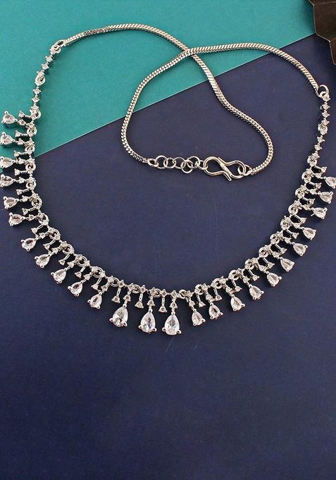 Silver American Diamond Silver Plated Necklace Set