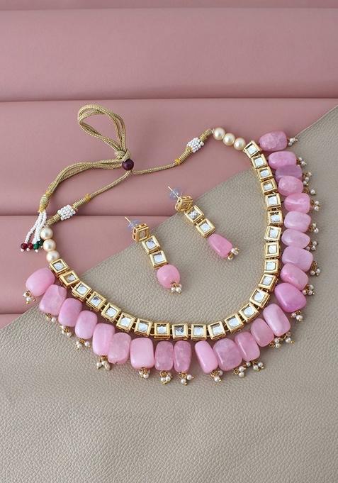 Pink Kundan Gold Plated Necklace Set
