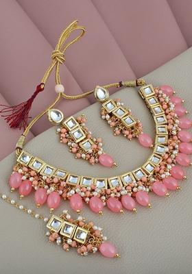 Peach Kundan Gold Plated Necklace Set