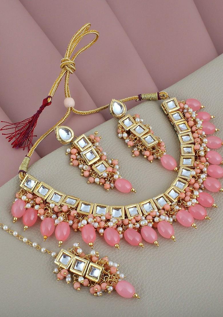 Peach Kundan Gold Plated Necklace Set