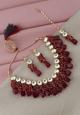 Maroon Kundan Gold Plated Necklace Set