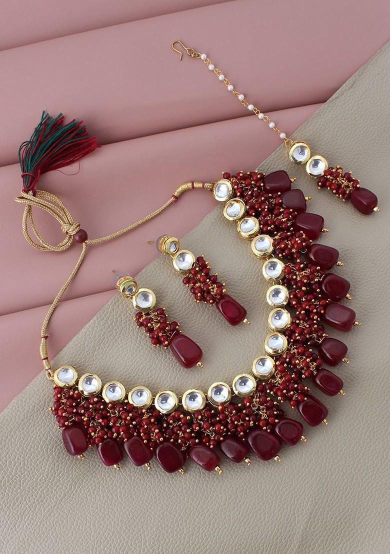 Maroon Kundan Gold Plated Necklace Set