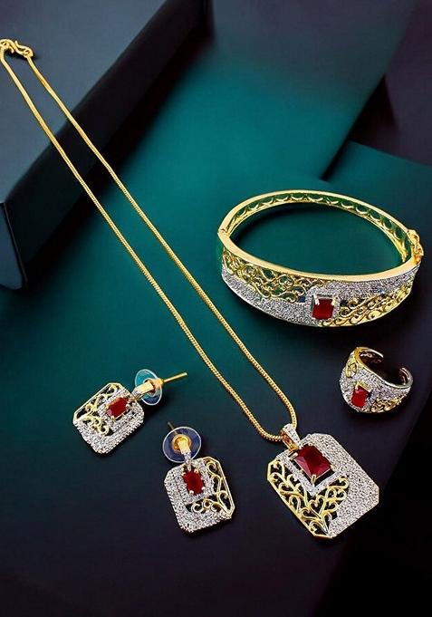 Maroon American Diamond Gold Plated Necklace Set
