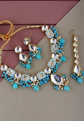 Teal Blue Kundan Gold Plated Necklace Set