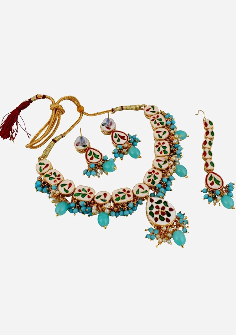 Teal Blue Kundan Gold Plated Necklace Set