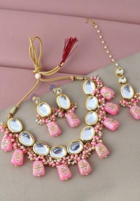 Pink Kundan Gold Plated Necklace Set