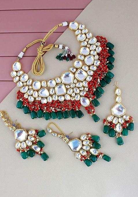 Red Kundan Gold Plated Necklace Set