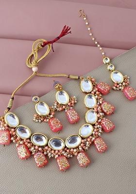 Peach Kundan Gold Plated Necklace Set