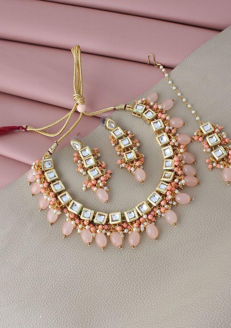 Peach Kundan Gold Plated Necklace Set