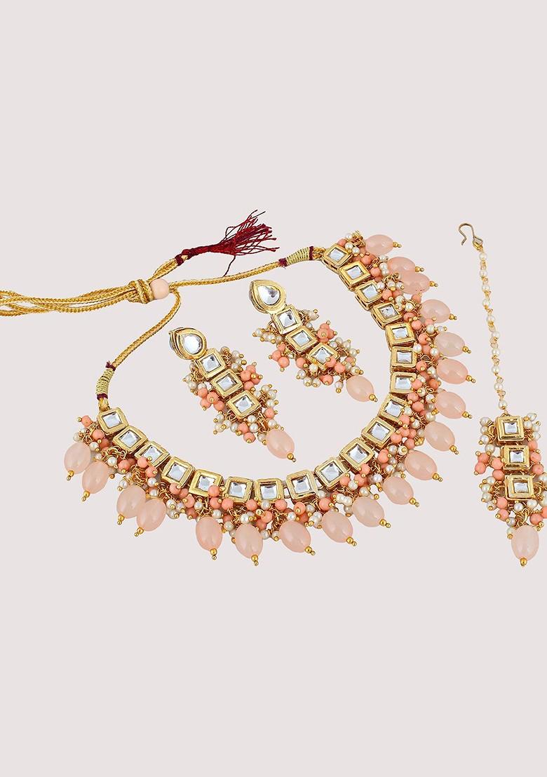 Peach Kundan Gold Plated Necklace Set