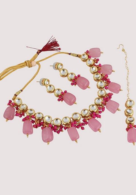 Pink Kundan Gold Plated Necklace Set
