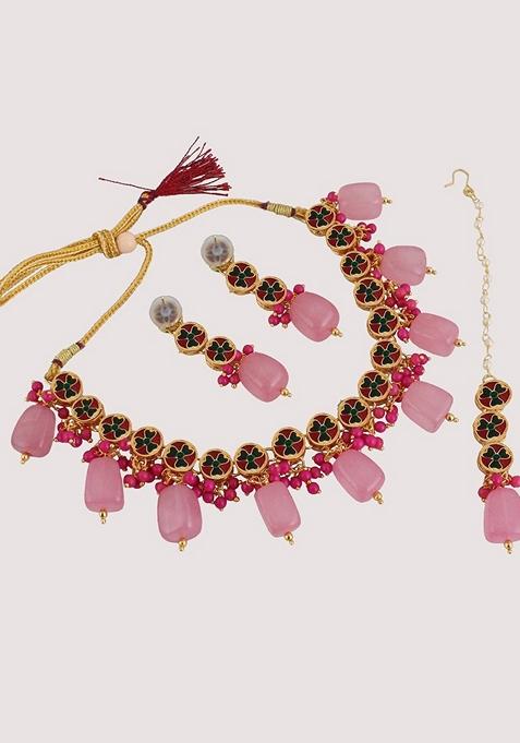 Pink Kundan Gold Plated Necklace Set