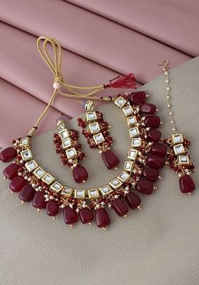 Maroon Kundan Gold Plated Necklace Set