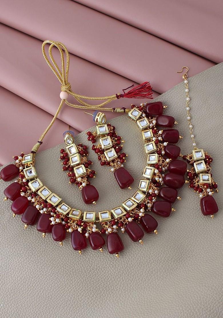 Maroon Kundan Gold Plated Necklace Set