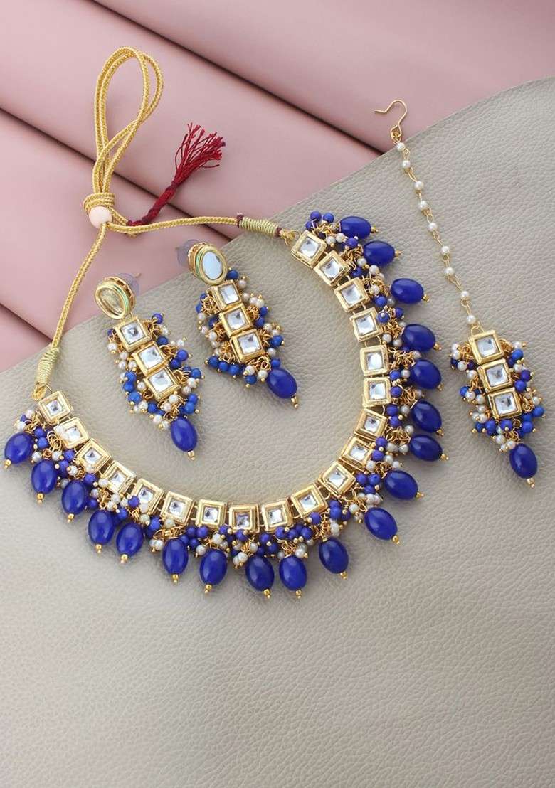 Blue Kundan Gold Plated Necklace Set - Indya