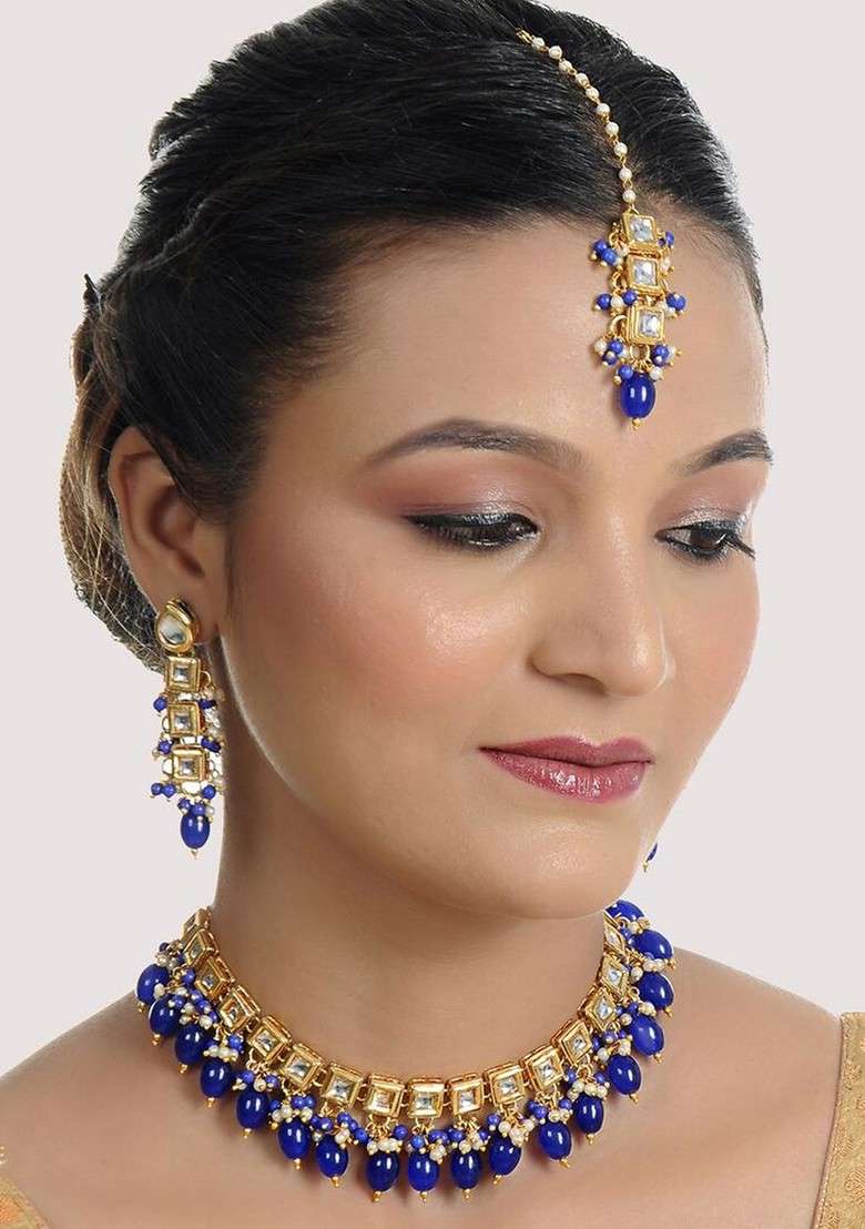 Blue Kundan Gold Plated Necklace Set - Indya