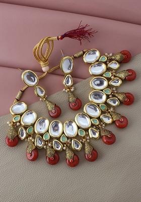 Red Studs Gold Plated Necklace Set