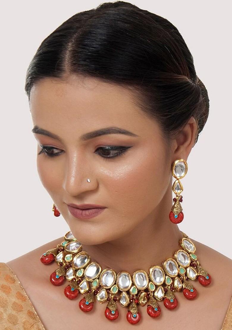 Red Studs Gold Plated Necklace Set