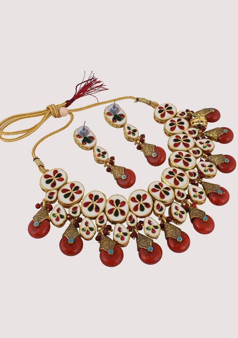 Red Studs Gold Plated Necklace Set