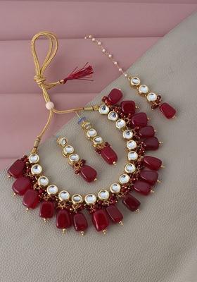 Maroon Kundan Gold Plated Necklace Set