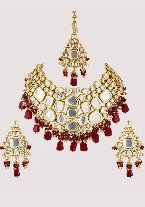 Maroon Kundan Gold Plated Necklace Set