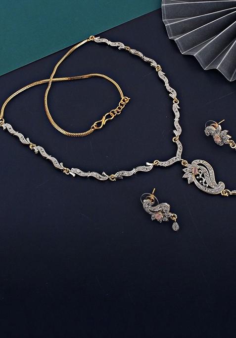 Pink American Diamond Gold Plated Necklace Set