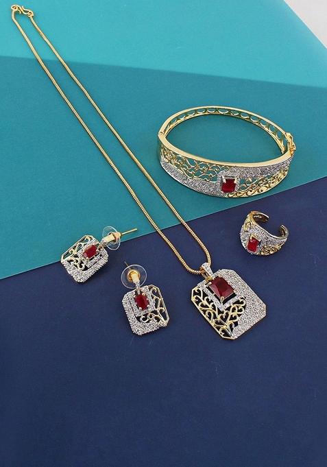 Maroon American Diamond Gold Plated Necklace Set