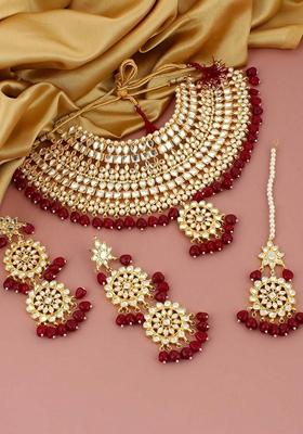 Maroon Kundan Gold Plated Necklace Set
