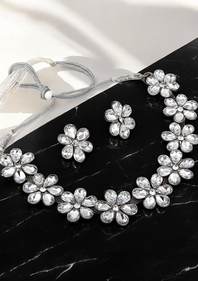 Silver Studded Silver Plated Necklace Set