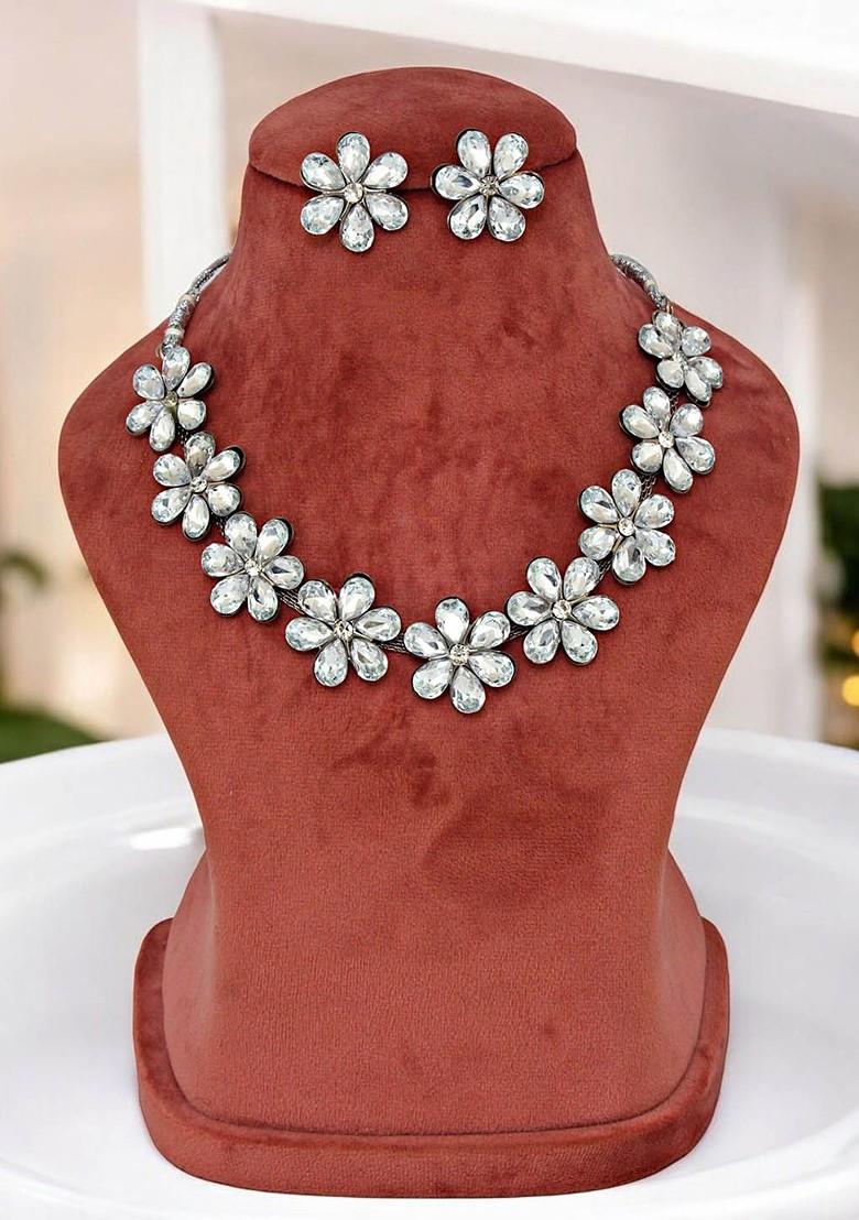 Silver Studded Silver Plated Necklace Set