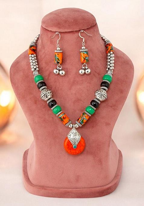 Silver Beaded Gold Plated Necklace Set