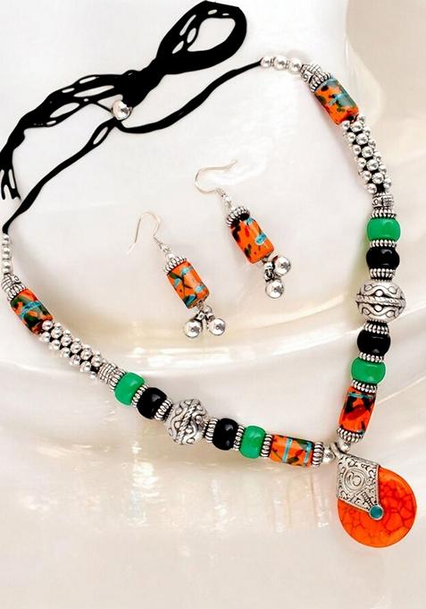 Silver Beaded Gold Plated Necklace Set