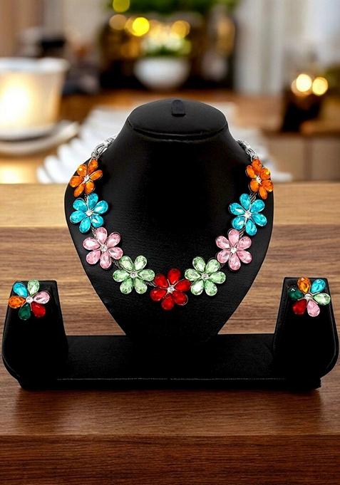 Silver Studded Silver Plated Necklace Set