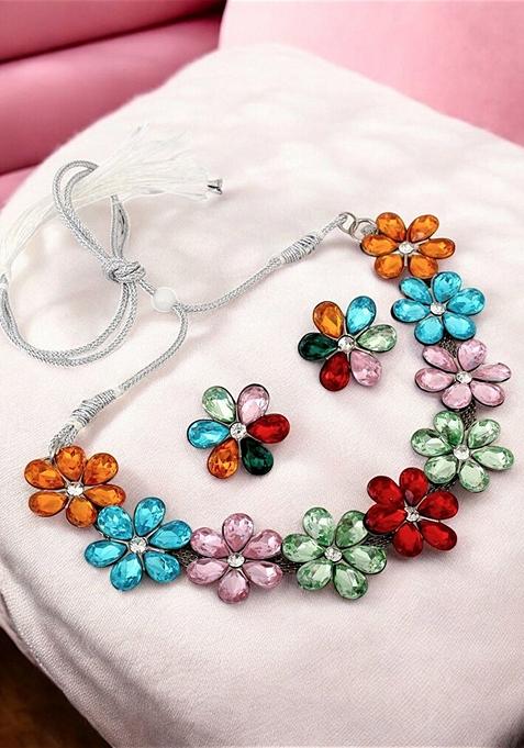 Silver Studded Silver Plated Necklace Set