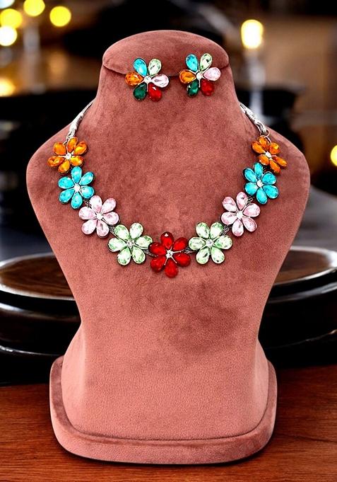 Silver Studded Silver Plated Necklace Set