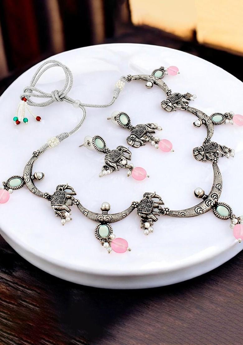 Silver Studded Silver Plated Necklace Set