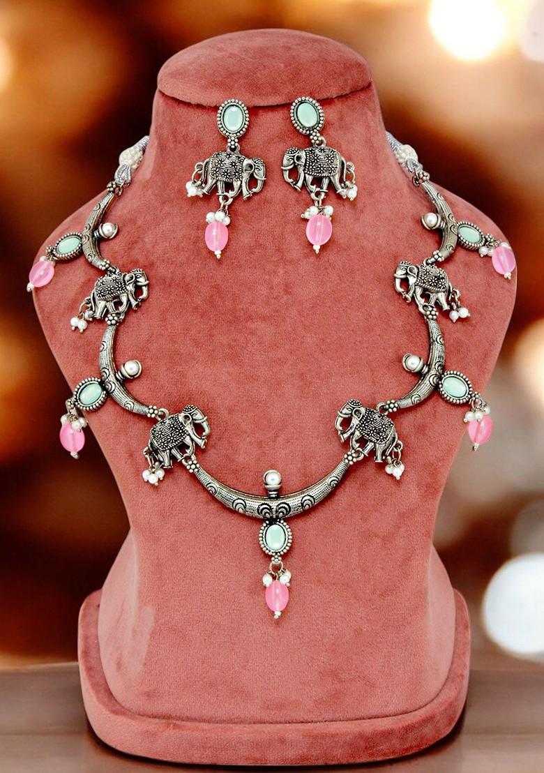 Silver Studded Silver Plated Necklace Set