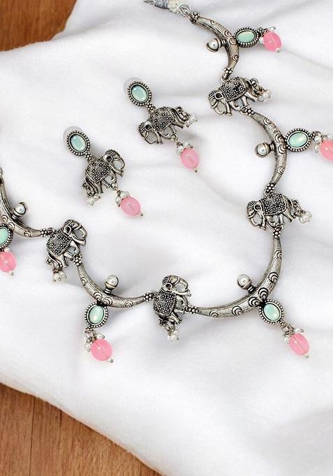 Silver Studded Silver Plated Necklace Set