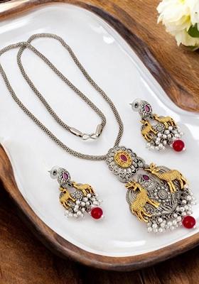 Silver Studded Silver Plated Necklace Set