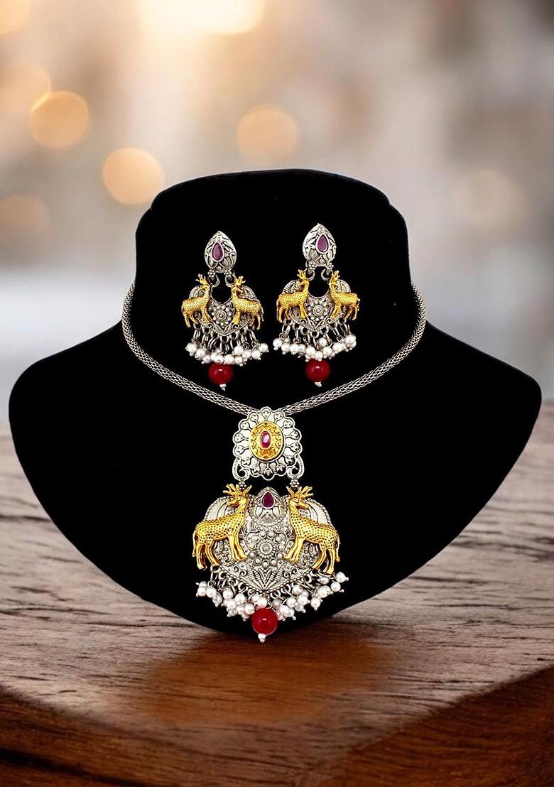 Silver Studded Silver Plated Necklace Set