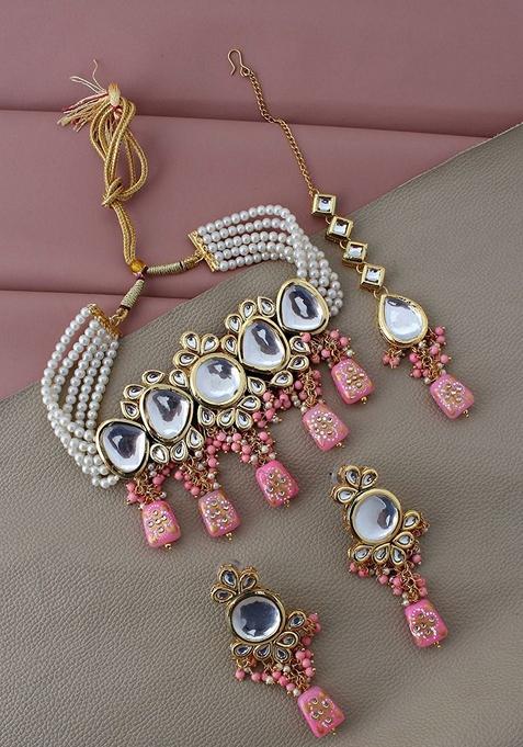 Pink Kundan Gold Plated Necklace Set