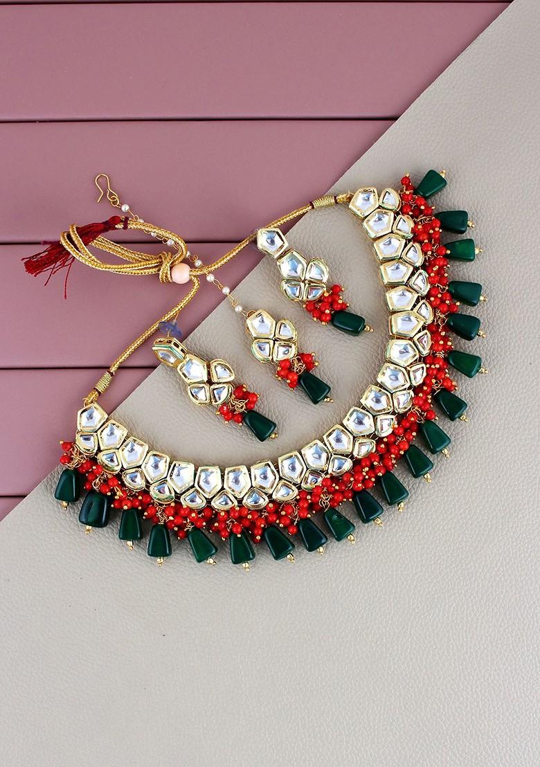 White And Green Kundan Gold Plated Necklace Set