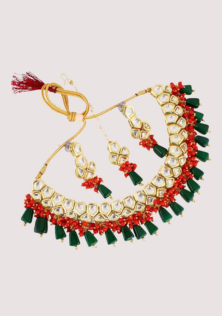 White And Green Kundan Gold Plated Necklace Set