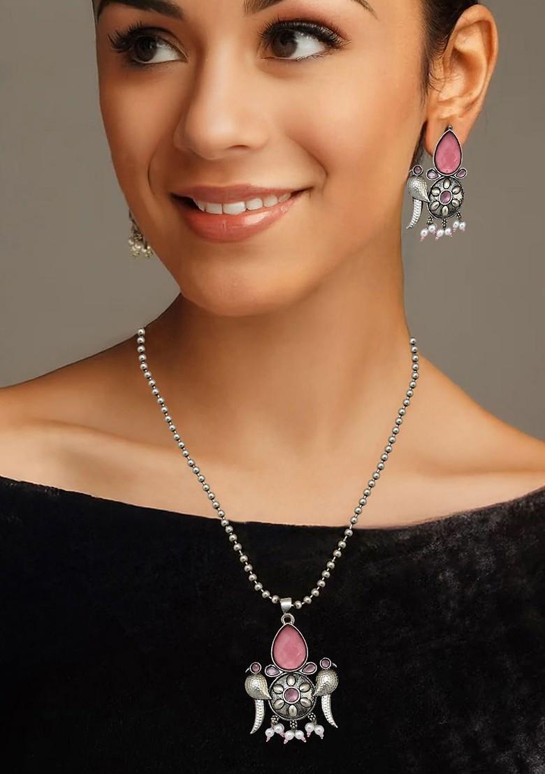 Silver Studded Silver Plated Necklace Set